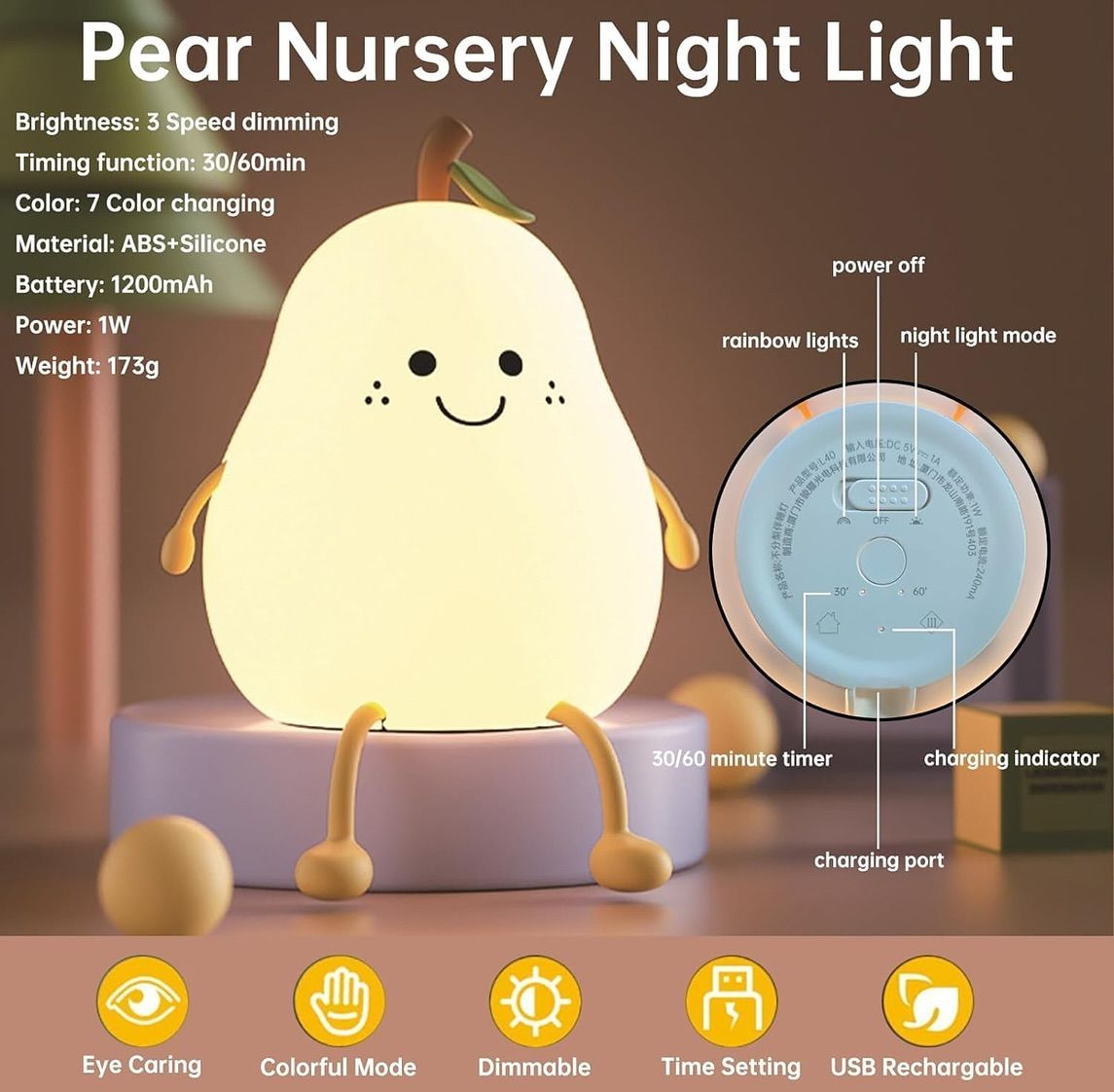Pear Silicone Night Lamp with 7 Color Modes