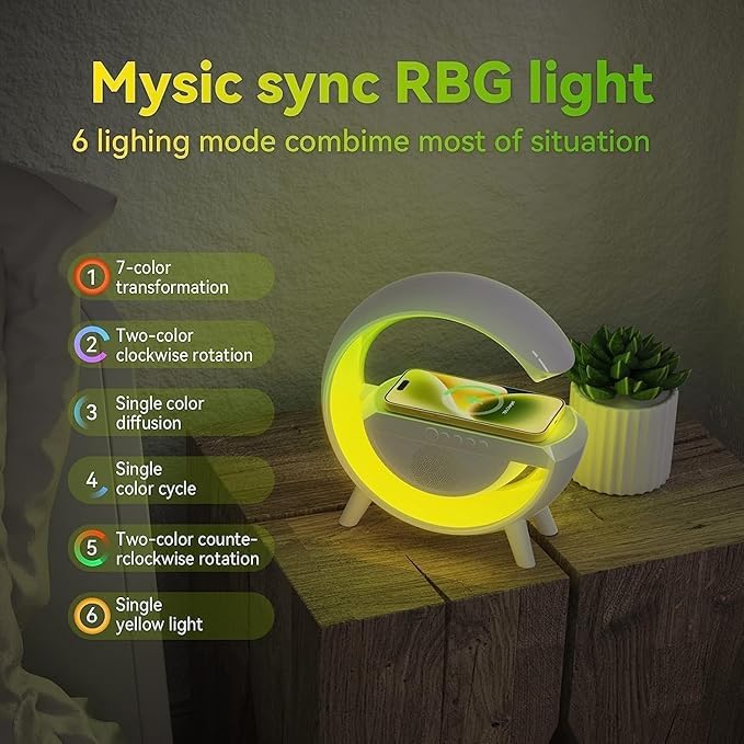 G-Shape 3-in-1 LED Speaker Lamp with 15W Wireless Charger & RGB Light | Bluetooth Speaker, Sunrise Alarm, and Night Lamp – Perfect for Bedroom & Gifts