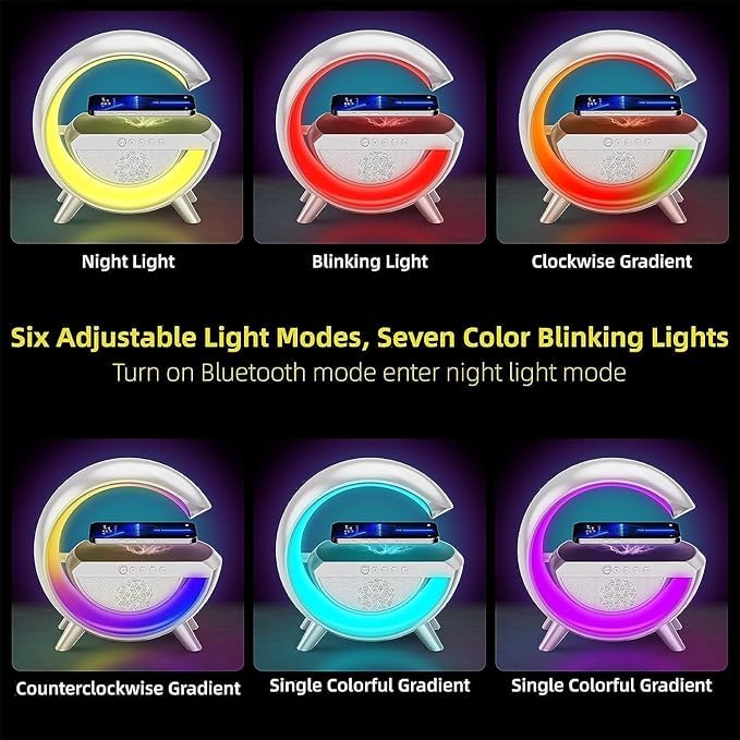 G-Shape 3-in-1 LED Speaker Lamp with 15W Wireless Charger & RGB Light | Bluetooth Speaker, Sunrise Alarm, and Night Lamp – Perfect for Bedroom & Gifts