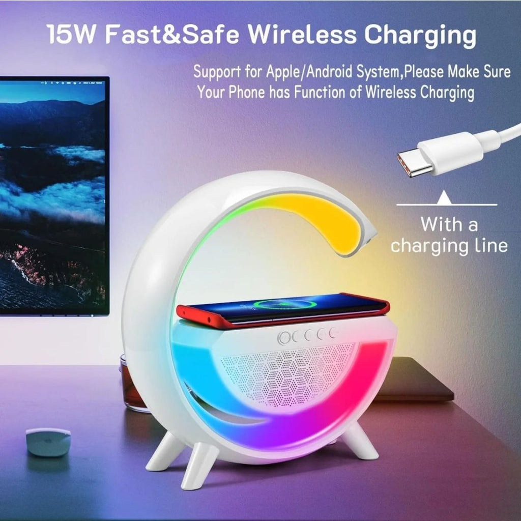 G-Shape 3-in-1 LED Speaker Lamp with 15W Wireless Charger & RGB Light | Bluetooth Speaker, Sunrise Alarm, and Night Lamp – Perfect for Bedroom & Gifts