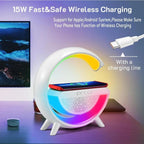 G-Shape 3-in-1 LED Speaker Lamp with 15W Wireless Charger & RGB Light | Bluetooth Speaker, Sunrise Alarm, and Night Lamp – Perfect for Bedroom & Gifts